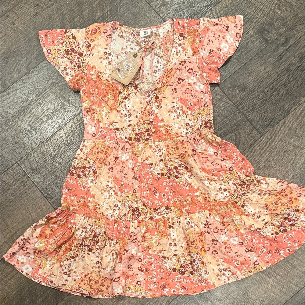 True Craft Pink and Orange Floral Kids Dress
